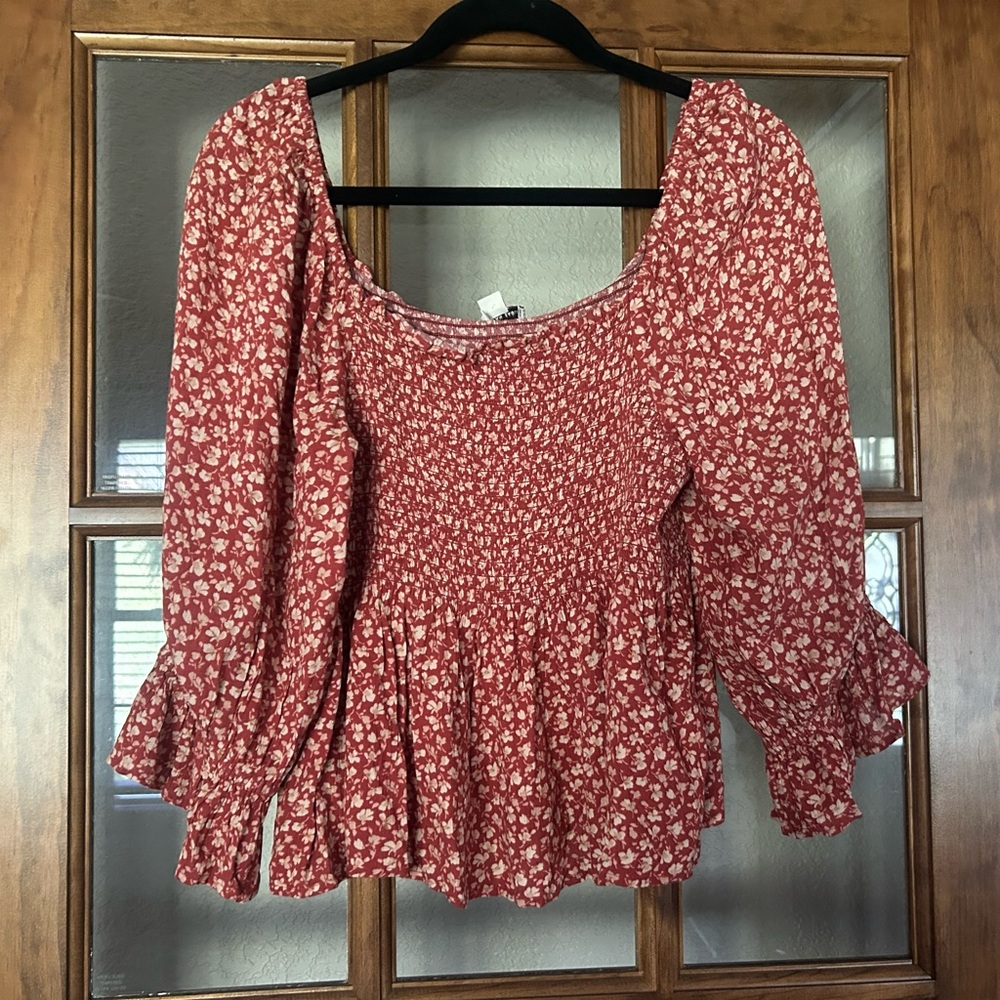 Floral Red/Orange Smocked Women's Top